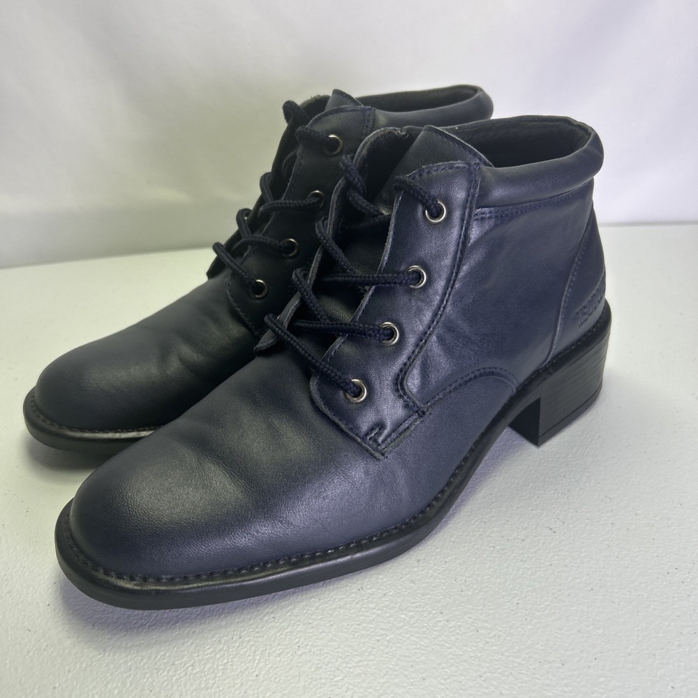 VTG Isotoner Navy Blue Leather Lace Up Ankle Boots Chunky Block Heel Women's 8